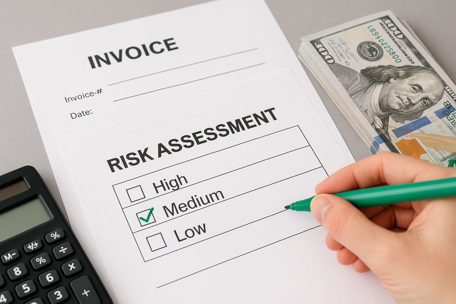 Överblick över flera fakturor med markeringar för riskbedömning och betalningsstatus.